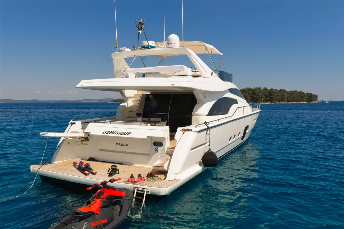 Exterior view of Dominique, a Ferretti 681 motor yacht at Zadar, Croatia