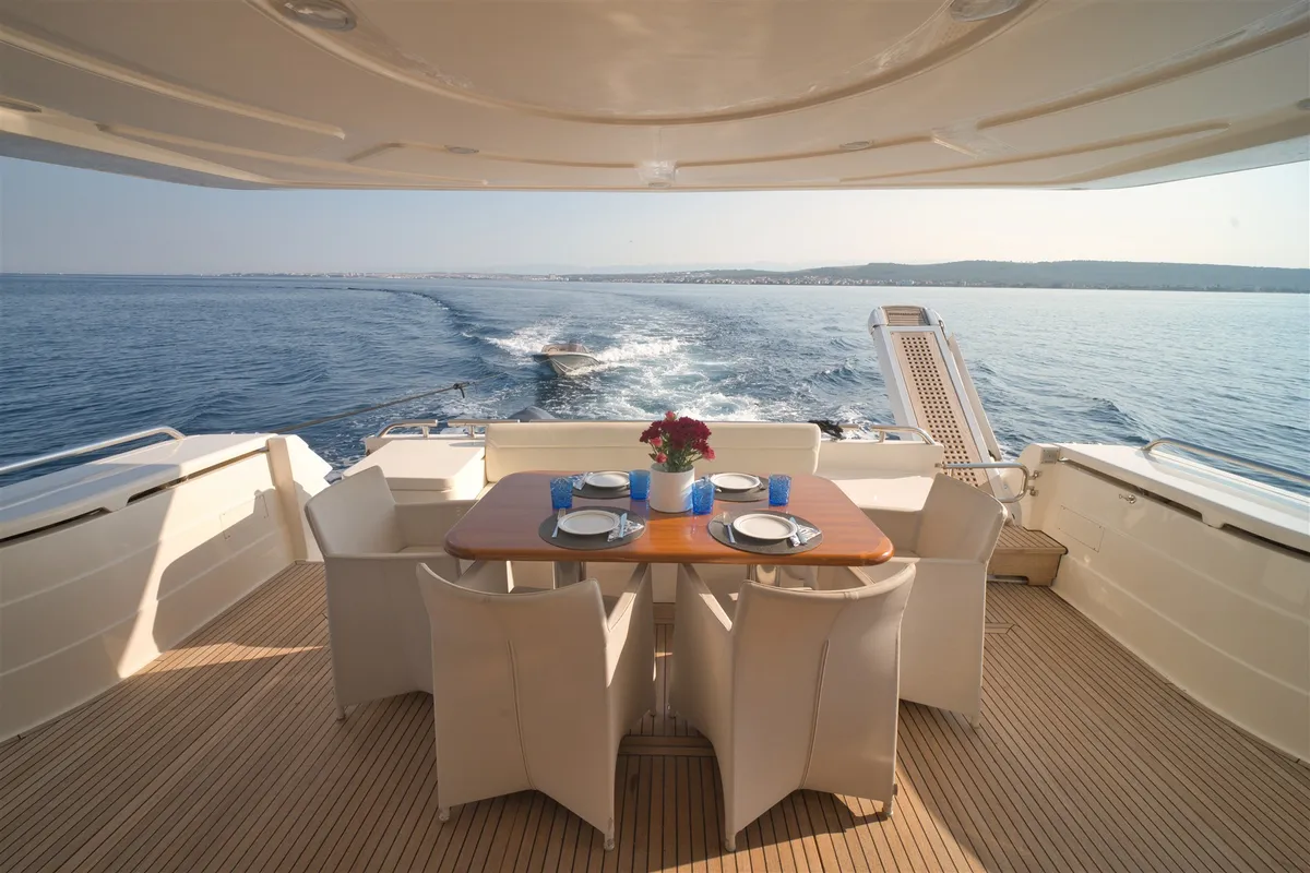 Deck of Dominique, a Ferretti 681 motor yacht at Zadar, Croatia