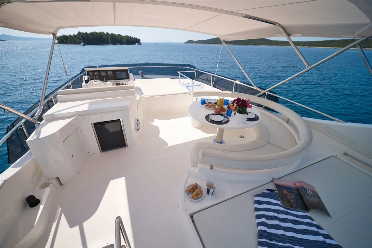 Deck of Dominique, a Ferretti 681 motor yacht at Zadar, Croatia