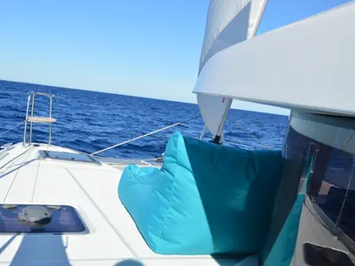 Deck of Odissea, a Lagoon 42 catamaran at Simpson Bay, Sint Maarten