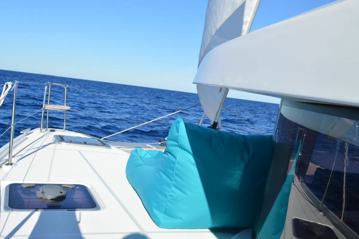 Deck of Odissea, a Lagoon 42 catamaran at Simpson Bay, Sint Maarten