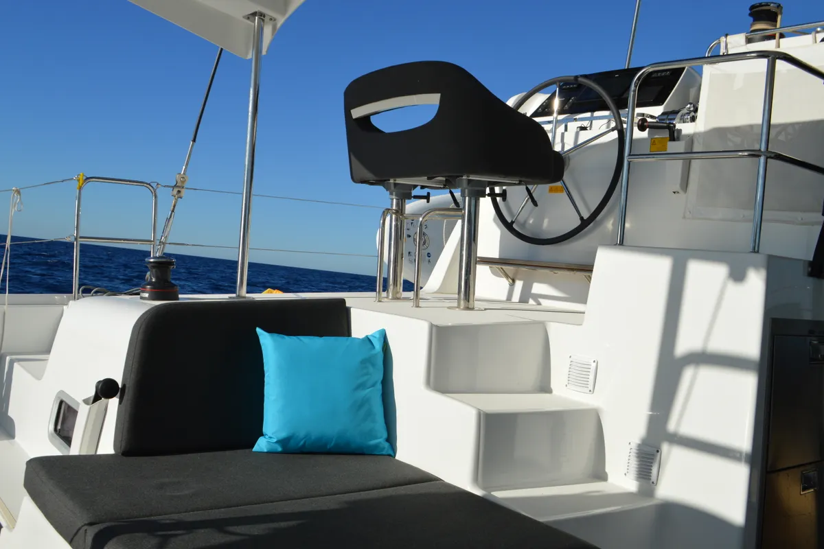 Deck of Odissea, a Lagoon 42 catamaran at Simpson Bay, Sint Maarten