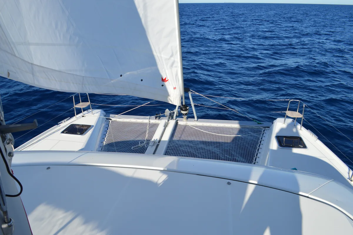 Exterior view of Odissea, a Lagoon 42 catamaran at Simpson Bay, Sint Maarten