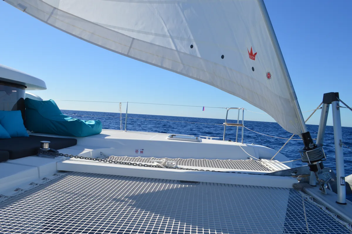 Deck of Odissea, a Lagoon 42 catamaran at Simpson Bay, Sint Maarten