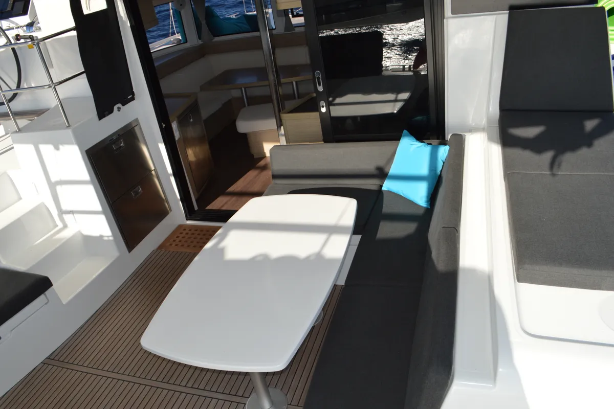 Deck of Odissea, a Lagoon 42 catamaran at Simpson Bay, Sint Maarten