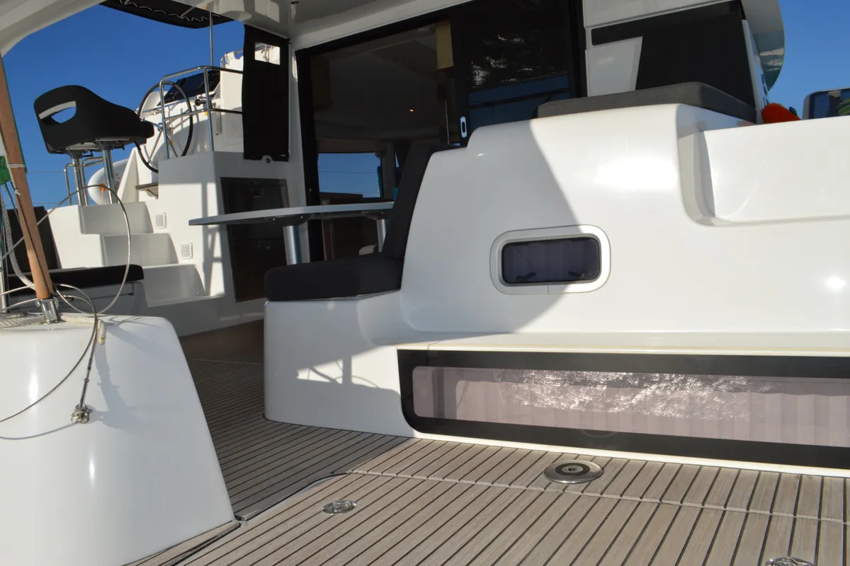Exterior view of Odissea, a Lagoon 42 catamaran at Simpson Bay, Sint Maarten