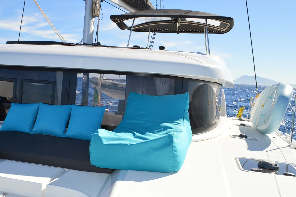 Deck of Odissea, a Lagoon 42 catamaran at Simpson Bay, Sint Maarten