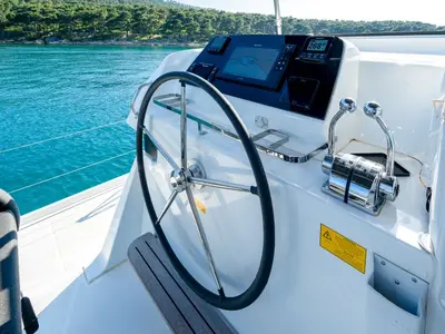 Cockpit of Odissea, a Lagoon 42 catamaran at Simpson Bay, Sint Maarten
