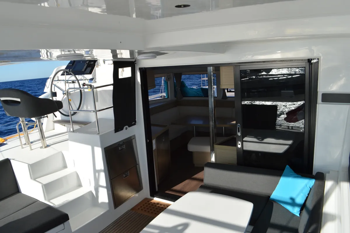 Deck of Odissea, a Lagoon 42 catamaran at Simpson Bay, Sint Maarten