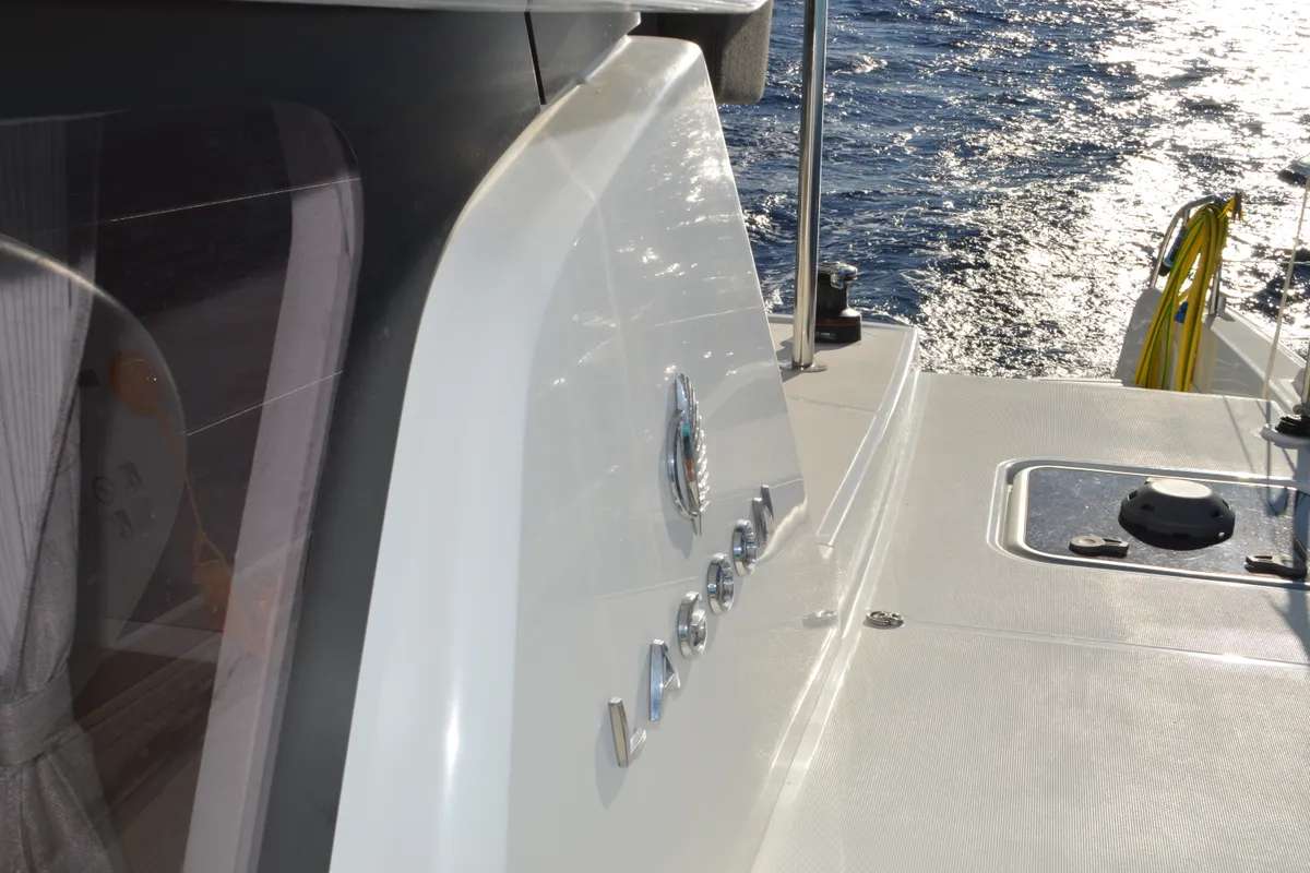 Exterior view of Odissea, a Lagoon 42 catamaran at Simpson Bay, Sint Maarten