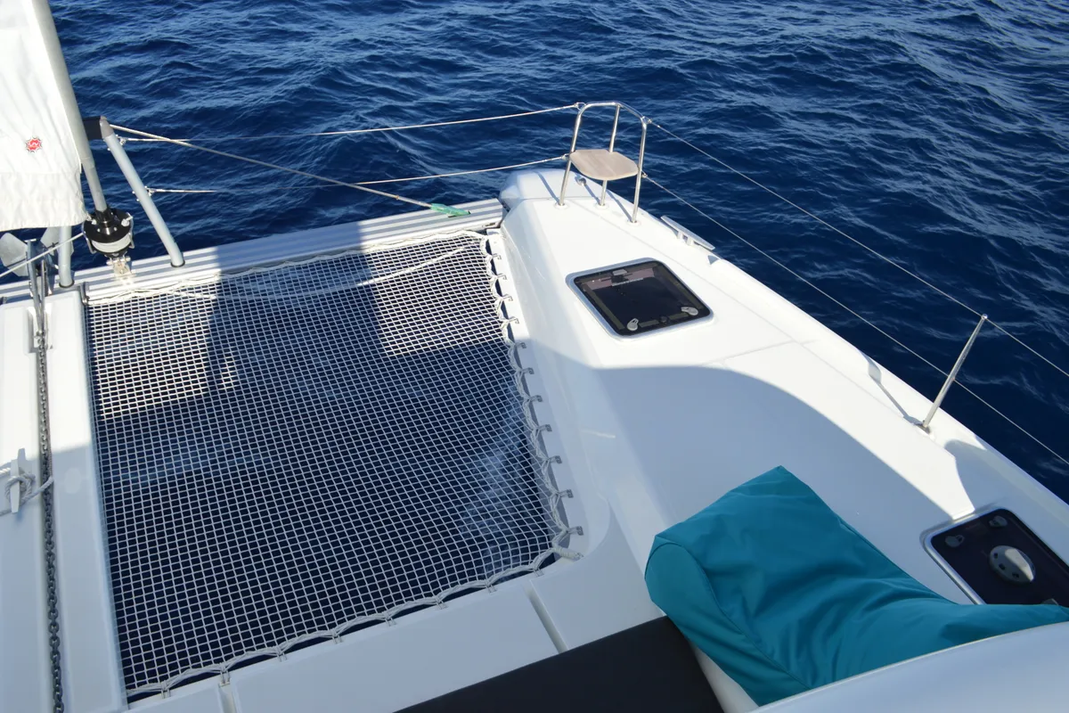 Deck of Odissea, a Lagoon 42 catamaran at Simpson Bay, Sint Maarten