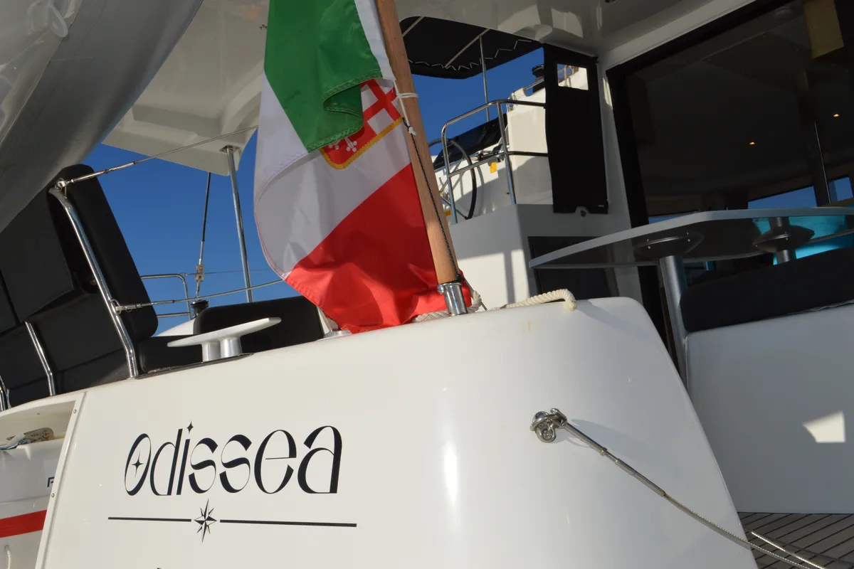 Exterior view of Odissea, a Lagoon 42 catamaran at Simpson Bay, Sint Maarten