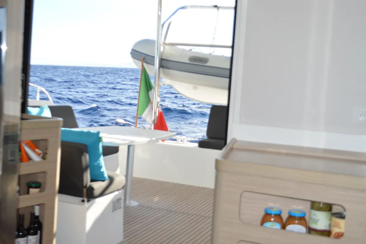 Salon of Odissea, a Lagoon 42 catamaran at Simpson Bay, Sint Maarten
