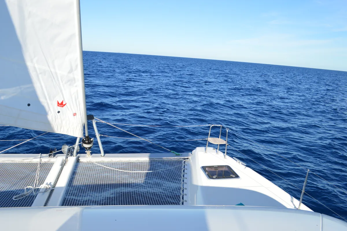 Deck of Odissea, a Lagoon 42 catamaran at Simpson Bay, Sint Maarten