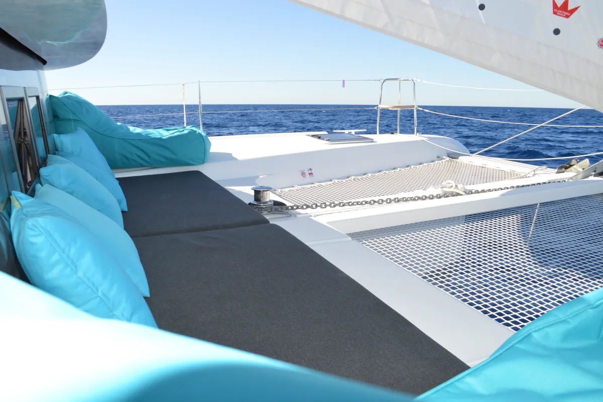 Deck of Odissea, a Lagoon 42 catamaran at Simpson Bay, Sint Maarten