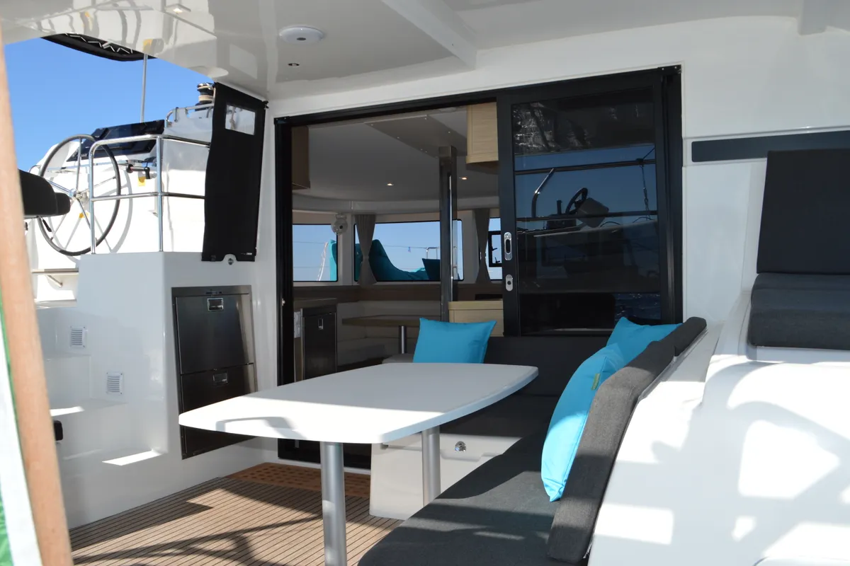 Head on Odissea, a Lagoon 42 catamaran at Simpson Bay, Sint Maarten