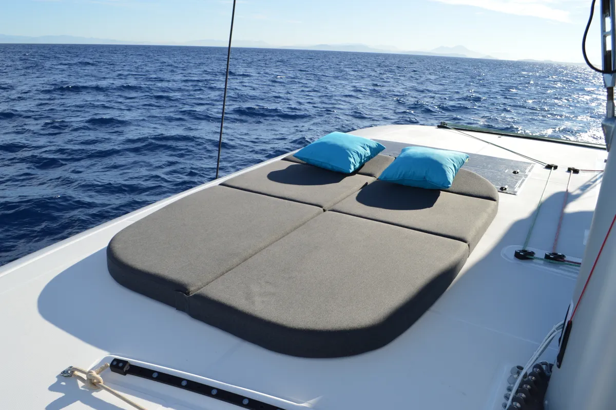 Salon of Odissea, a Lagoon 42 catamaran at Simpson Bay, Sint Maarten