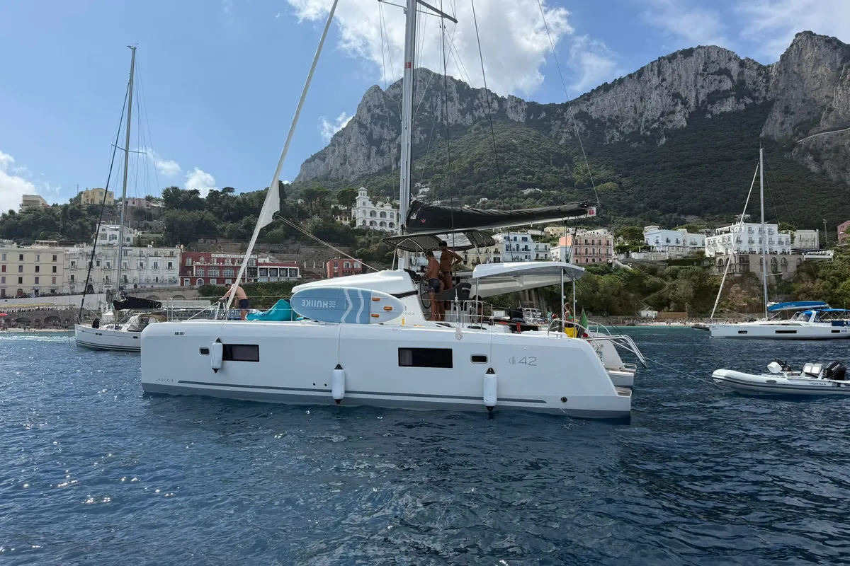 Salon of Odissea, a Lagoon 42 catamaran at Simpson Bay, Sint Maarten