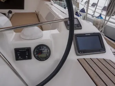 Cockpit of Gala, a Dufour 382 Grand Large sailboat at Roses, Spain