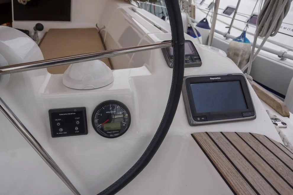 Cockpit of Gala, a Dufour 382 Grand Large sailboat at Roses, Spain