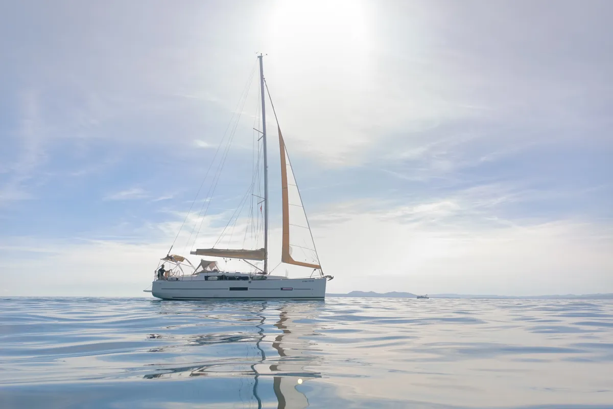 Exterior view of Gala, a Dufour 382 Grand Large sailboat at Roses, Spain