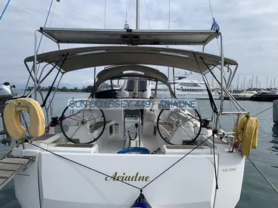 Cockpit of Ariadne, a Jeanneau Sun Odyssey 449 sailboat at Kontokali, Greece