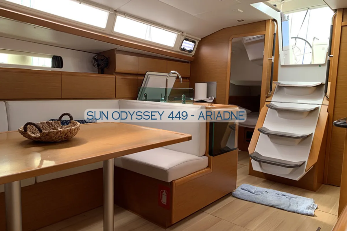 Salon of Ariadne, a Jeanneau Sun Odyssey 449 sailboat at Kontokali, Greece