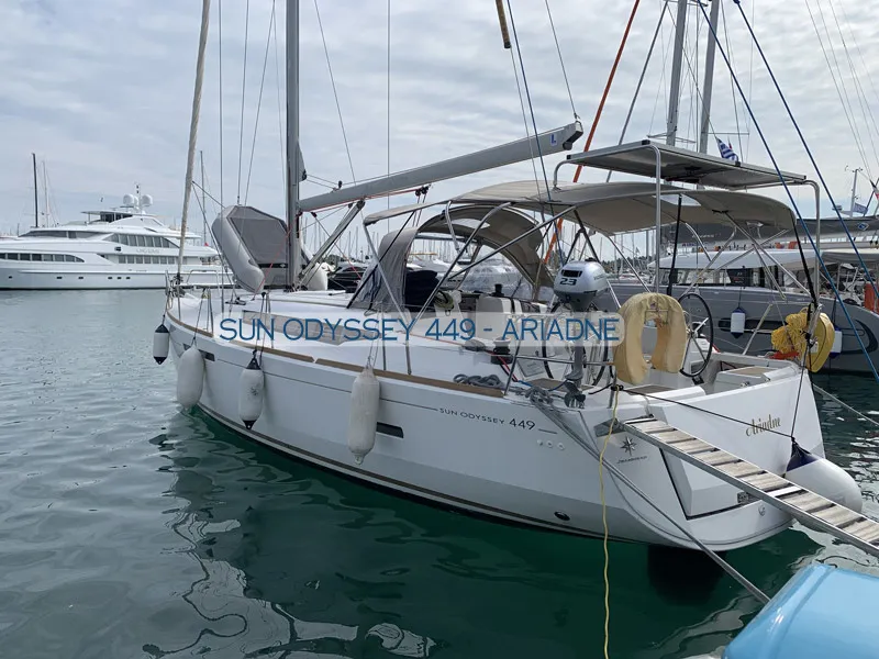 Exterior view of Ariadne, a Jeanneau Sun Odyssey 449 sailboat at Kontokali, Greece