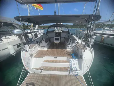 Cockpit of Giovanna, a Bavaria Cruiser 46 Style sailboat at Figari/Golfo Aranci, Italy