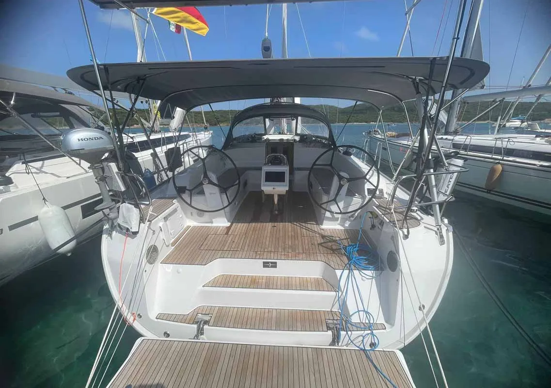 Cockpit of Giovanna, a Bavaria Cruiser 46 Style sailboat at Figari/Golfo Aranci, Italy