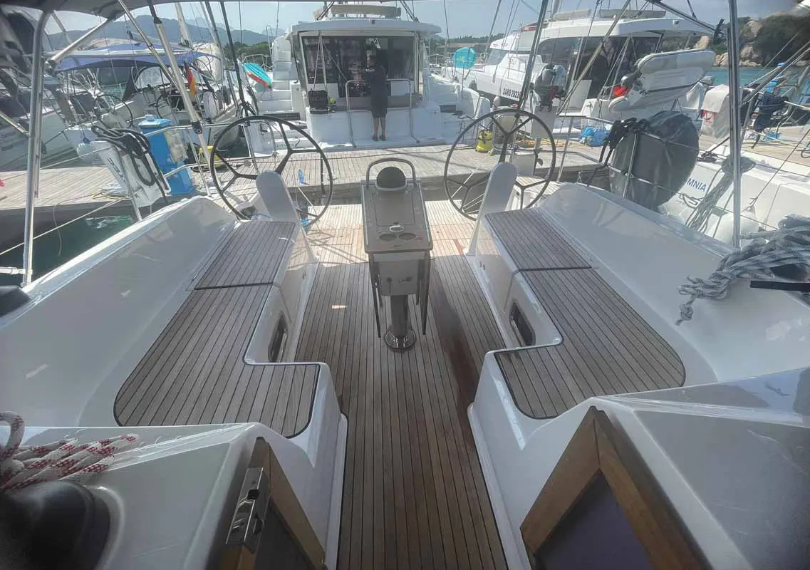 Cockpit of Giovanna, a Bavaria Cruiser 46 Style sailboat at Figari/Golfo Aranci, Italy