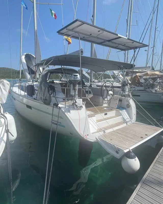 Exterior view of Giovanna, a Bavaria Cruiser 46 Style sailboat at Figari/Golfo Aranci, Italy