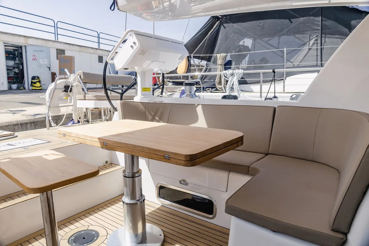 Deck of Adventuro, a Hanse Yachts Moody 54 DS sailboat at Palma de Mallorca, Spain