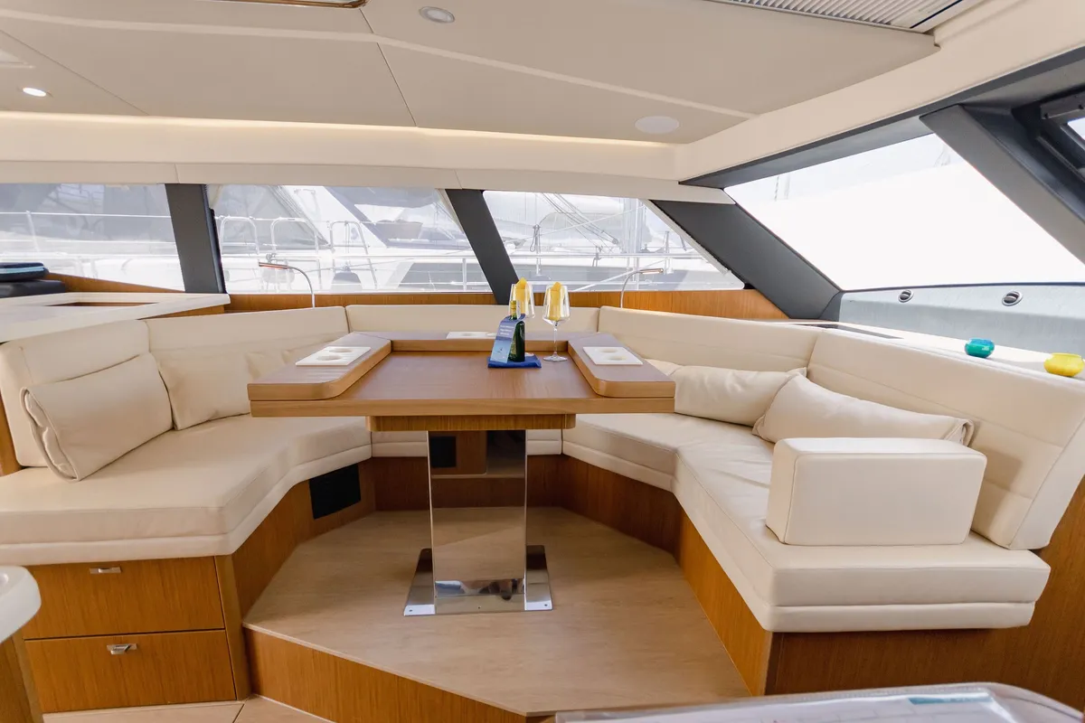 Salon of Adventuro, a Hanse Yachts Moody 54 DS sailboat at Palma de Mallorca, Spain