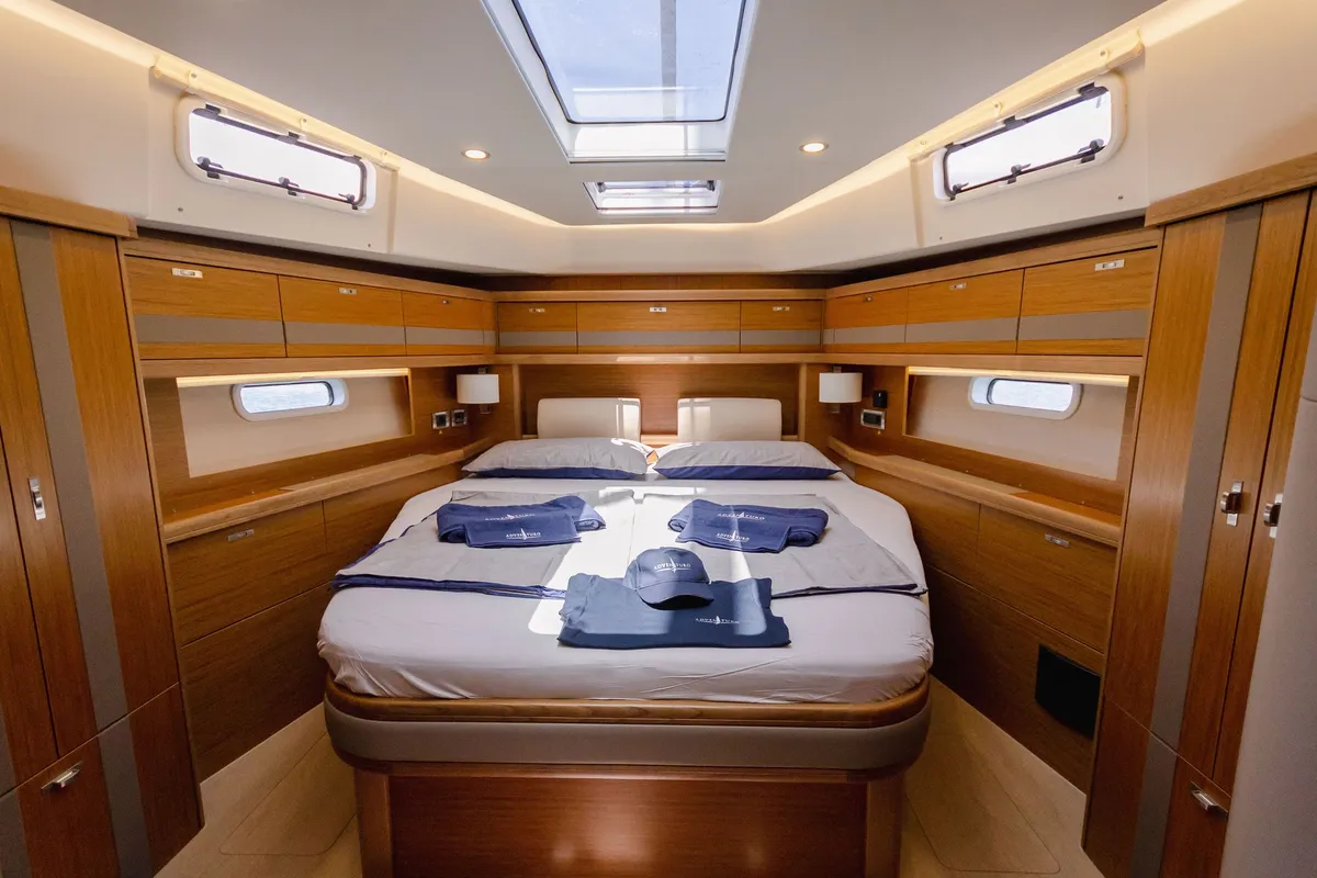 Cabin on Adventuro, a Hanse Yachts Moody 54 DS sailboat at Palma de Mallorca, Spain