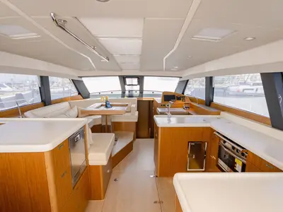 Salon of Adventuro, a Hanse Yachts Moody 54 DS sailboat at Palma de Mallorca, Spain