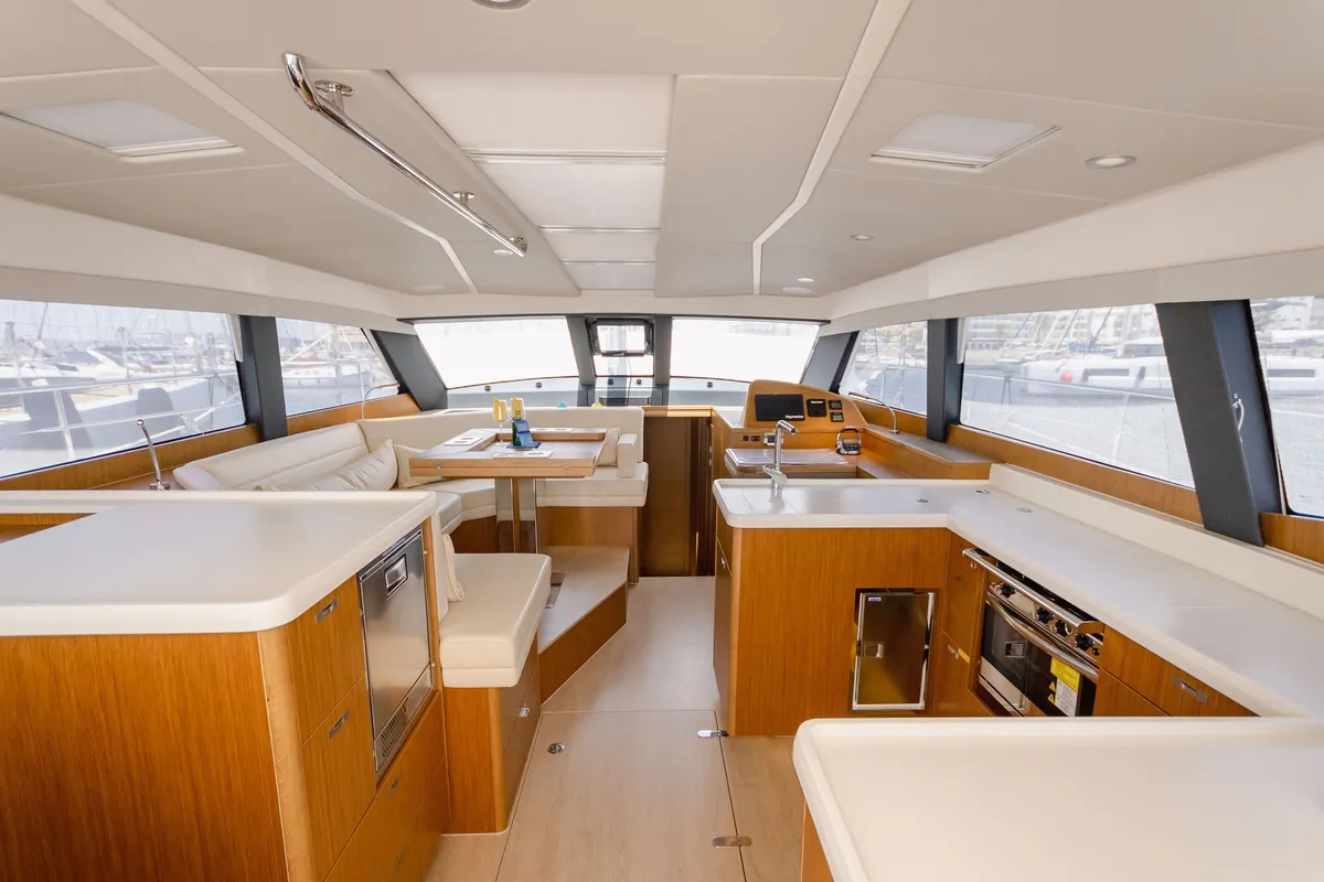 Salon of Adventuro, a Hanse Yachts Moody 54 DS sailboat at Palma de Mallorca, Spain