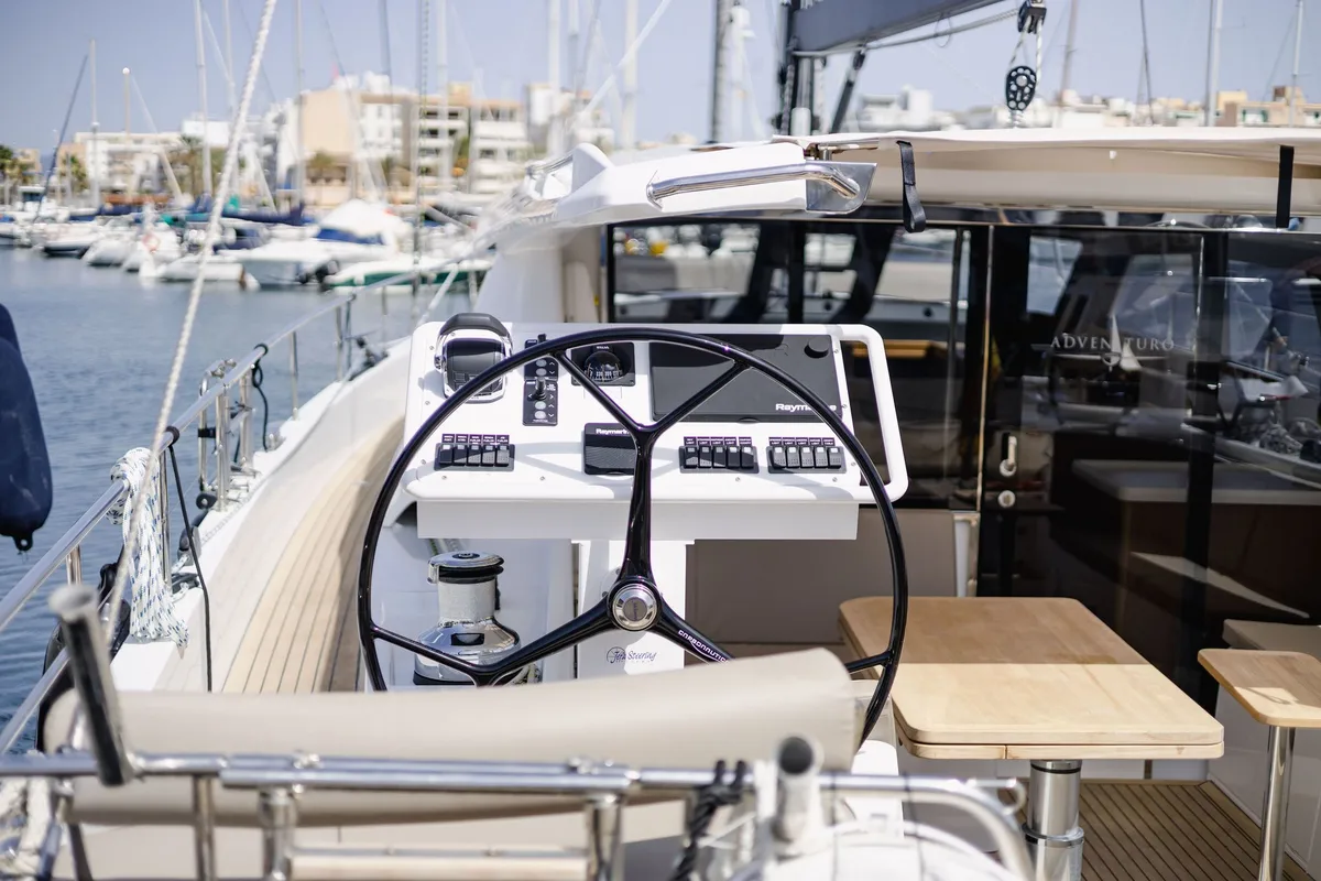Cockpit of Adventuro, a Hanse Yachts Moody 54 DS sailboat at Palma de Mallorca, Spain