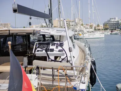 Cockpit of Adventuro, a Hanse Yachts Moody 54 DS sailboat at Palma de Mallorca, Spain