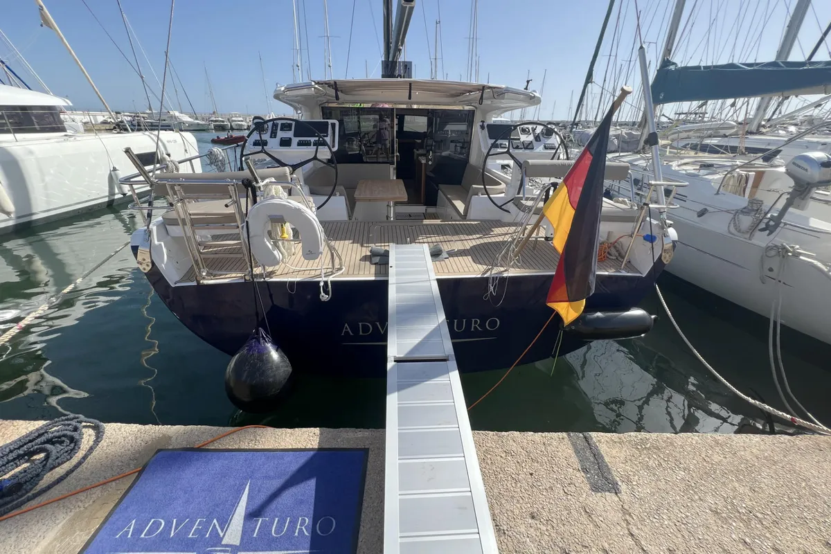 Exterior view of Adventuro, a Hanse Yachts Moody 54 DS sailboat at Palma de Mallorca, Spain