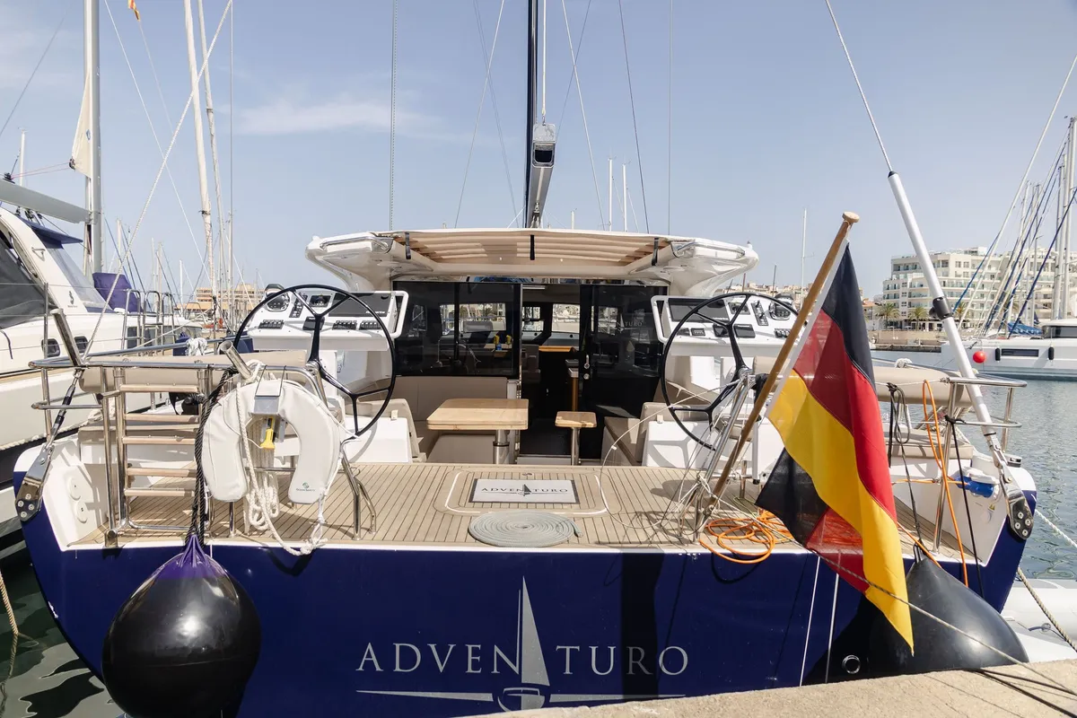 Exterior view of Adventuro, a Hanse Yachts Moody 54 DS sailboat at Palma de Mallorca, Spain