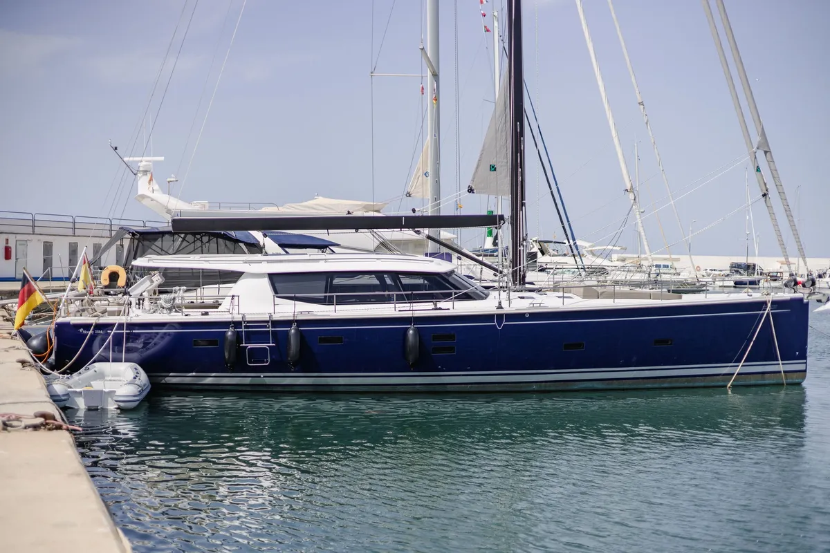 Exterior view of Adventuro, a Hanse Yachts Moody 54 DS sailboat at Palma de Mallorca, Spain
