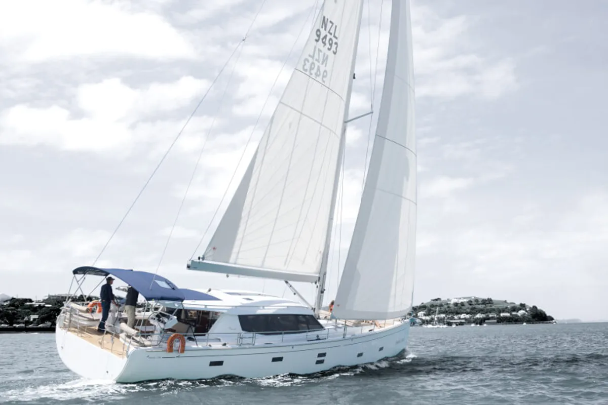 Exterior view of Adventuro, a Hanse Yachts Moody 54 DS sailboat at Palma de Mallorca, Spain