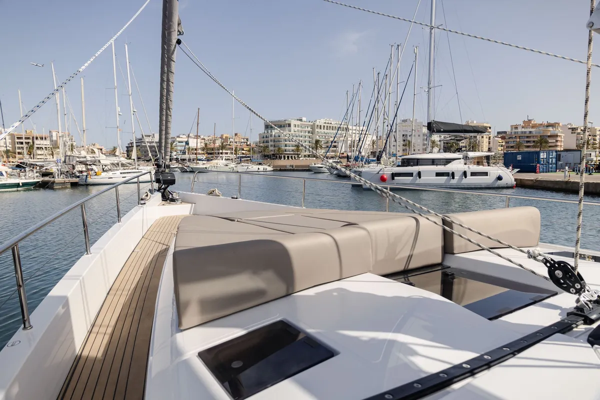 Deck of Adventuro, a Hanse Yachts Moody 54 DS sailboat at Palma de Mallorca, Spain