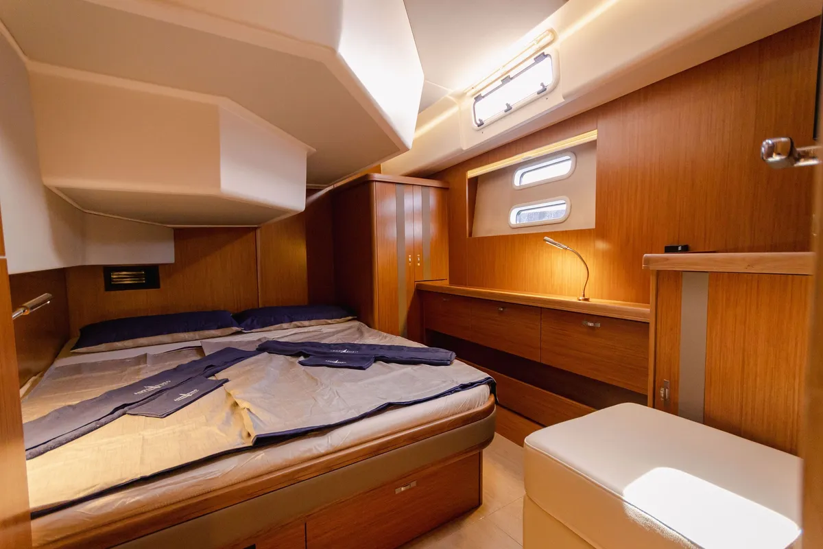 Cabin on Adventuro, a Hanse Yachts Moody 54 DS sailboat at Palma de Mallorca, Spain