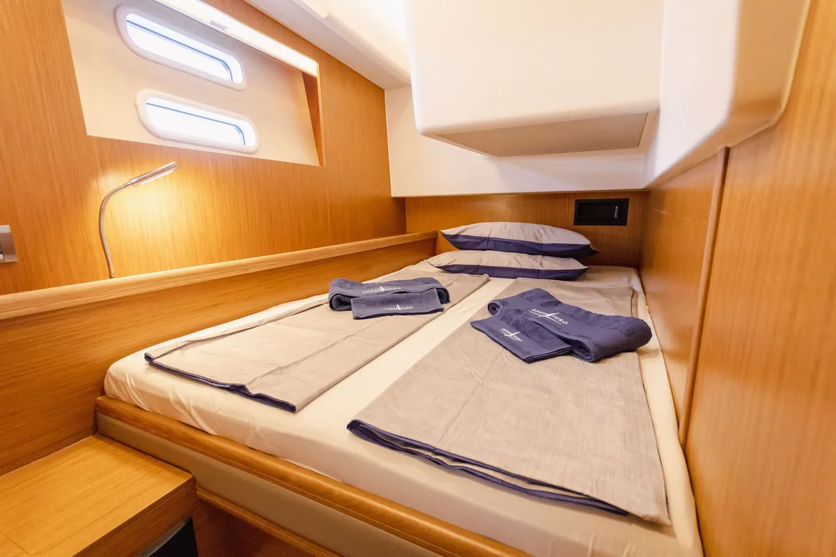 Cabin on Adventuro, a Hanse Yachts Moody 54 DS sailboat at Palma de Mallorca, Spain