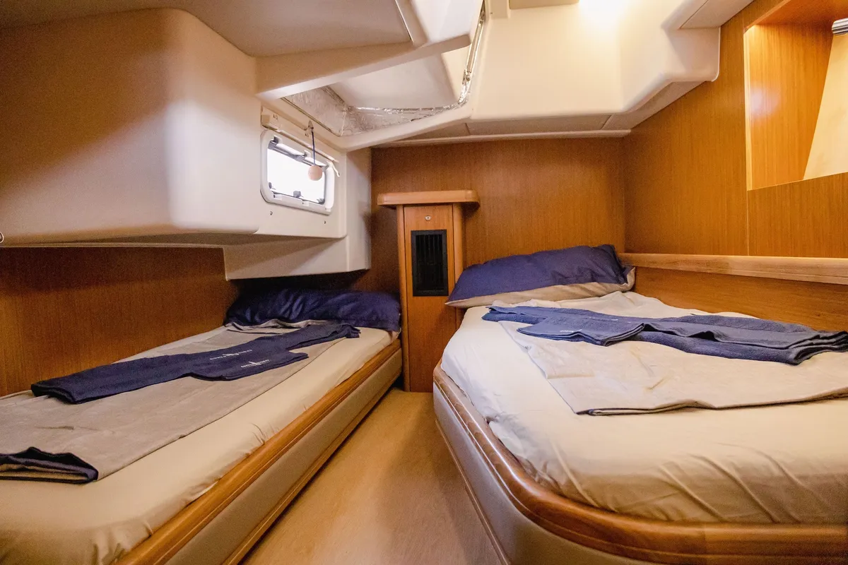 Cabin on Adventuro, a Hanse Yachts Moody 54 DS sailboat at Palma de Mallorca, Spain