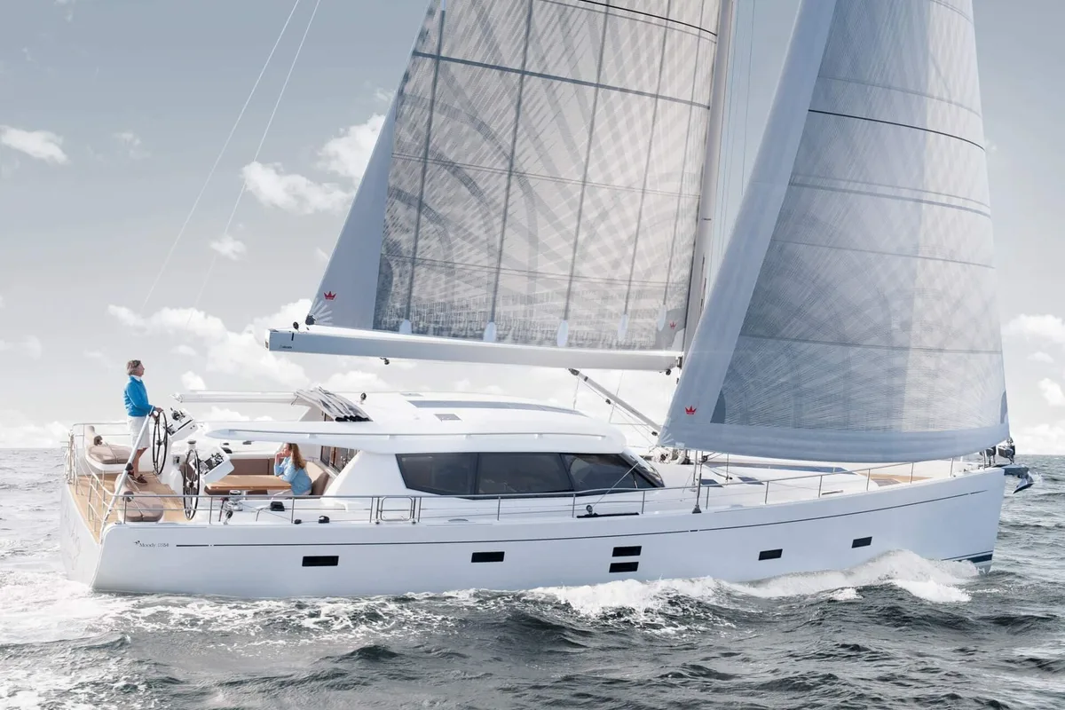 Exterior view of Adventuro, a Hanse Yachts Moody 54 DS sailboat at Palma de Mallorca, Spain
