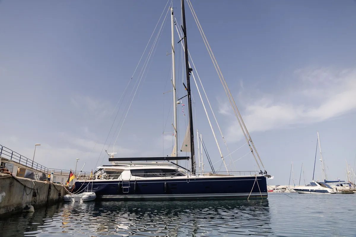 Exterior view of Adventuro, a Hanse Yachts Moody 54 DS sailboat at Palma de Mallorca, Spain