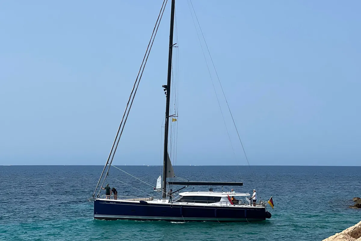 Exterior view of Adventuro, a Hanse Yachts Moody 54 DS sailboat at Palma de Mallorca, Spain